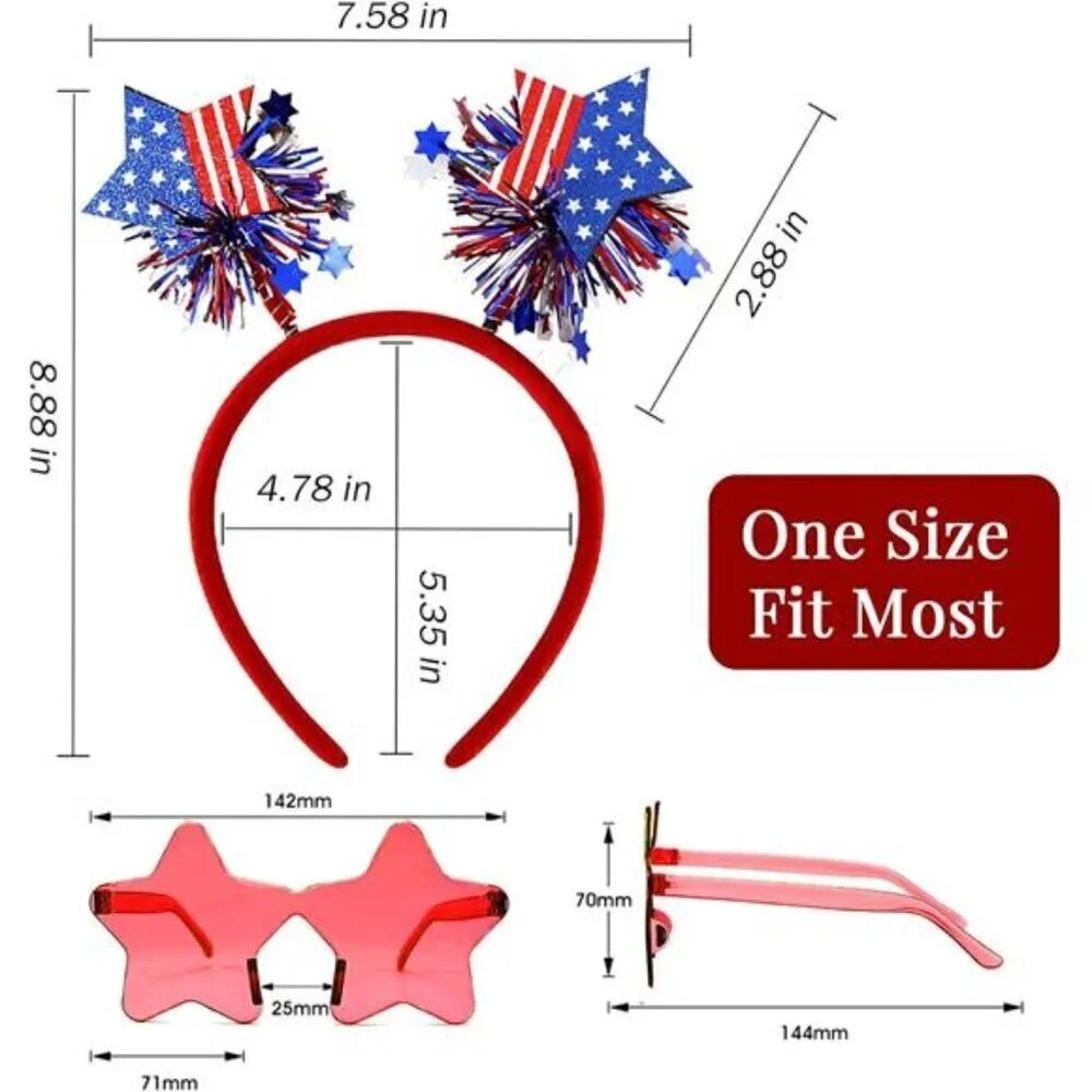 4 PCS Patriotic Accessories-2 Independence Day Headbands 2 Star Shaped glasses
